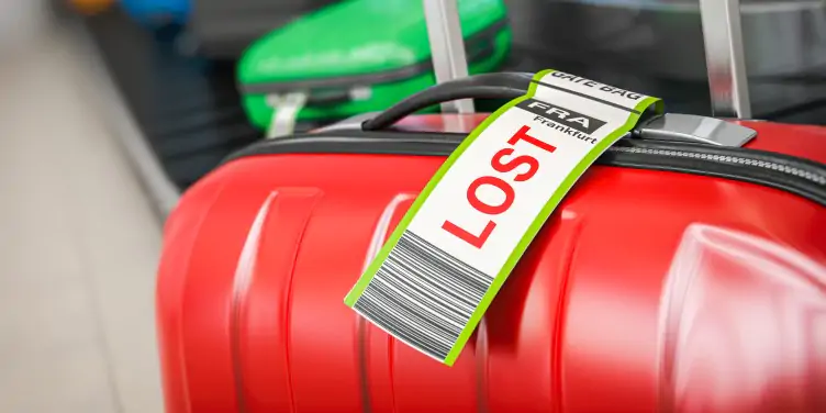 bright red luggage surrounded by other suitcases on its way to the lost and found desk.