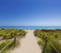 A sandy walkway towards a clear blue sea in Alaior Cala Son Bou in Menorca