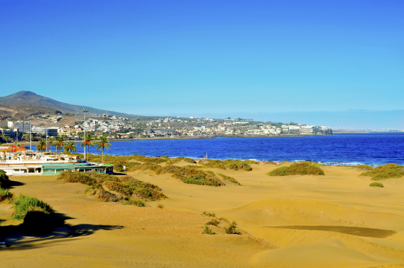 Playa del Ingles on a glorious day, with golden sand and deep blue sea