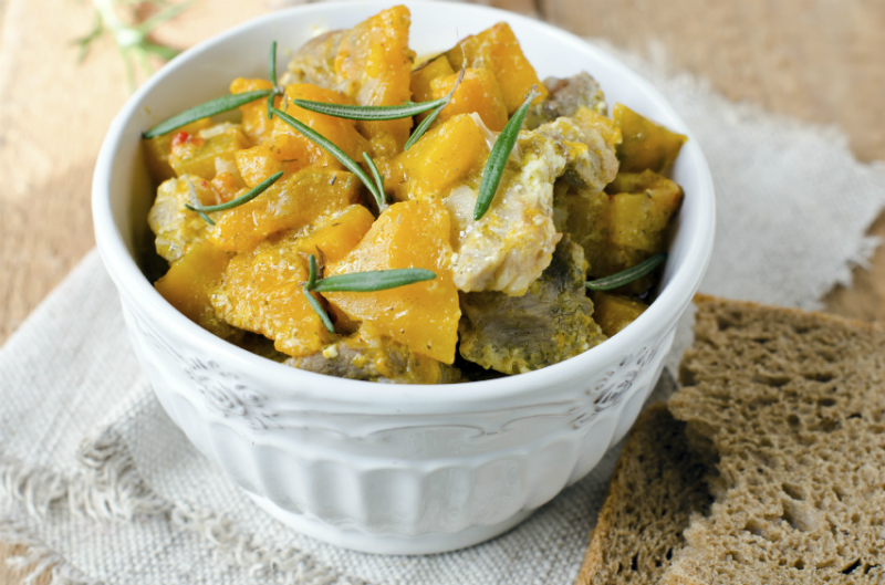 A delicious plate of Jamaican meat stew with pumpkin