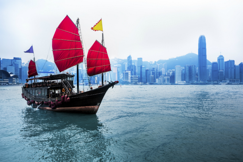 A junkboat sailing down a Hong Kong river with the skyline looming in the background