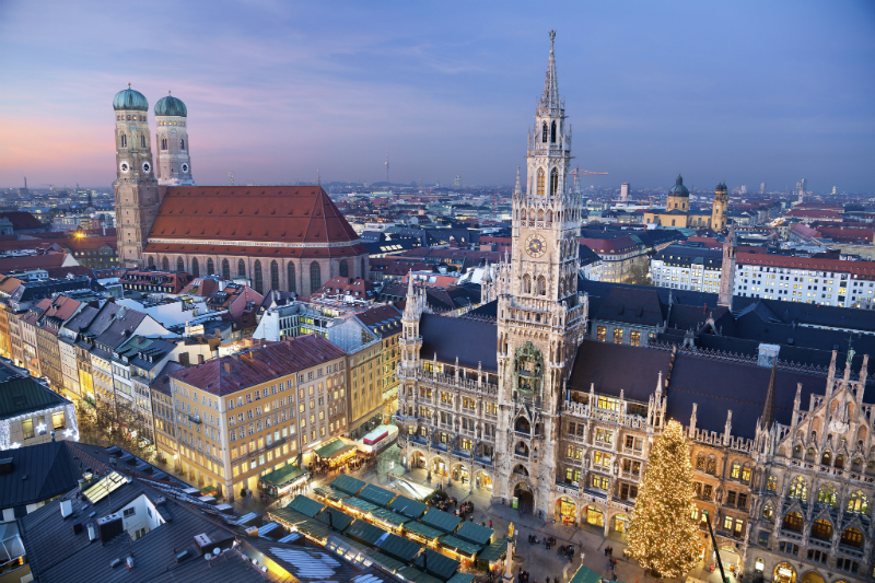 Night time skyline photo of Marienplatz in Munich, Germany