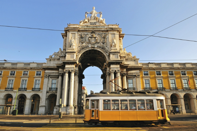 Tram in Commerce Square, Lisbon