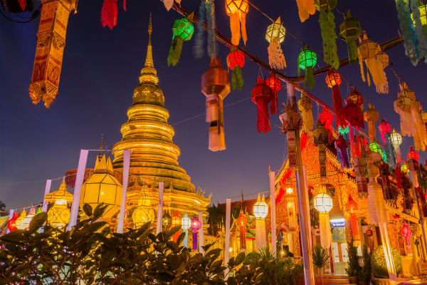 Golden pagoda and lanterns in Bangkok, Thailand