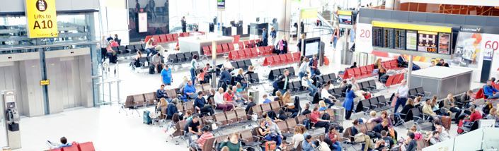 A crowded departures lounge