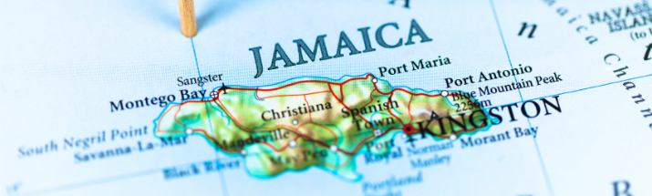 Close up of Jamaica pin-pointed on a map