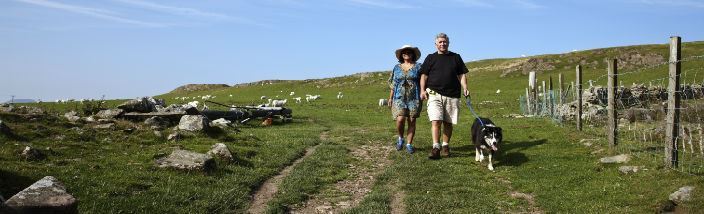 Mature couple walking dog in the countryside