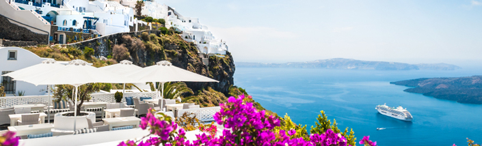 A restaurant on a cliffside on Santorini Island, Greece