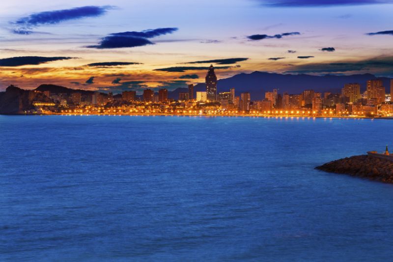 Playa de Poniente in Benidorm at sunset
