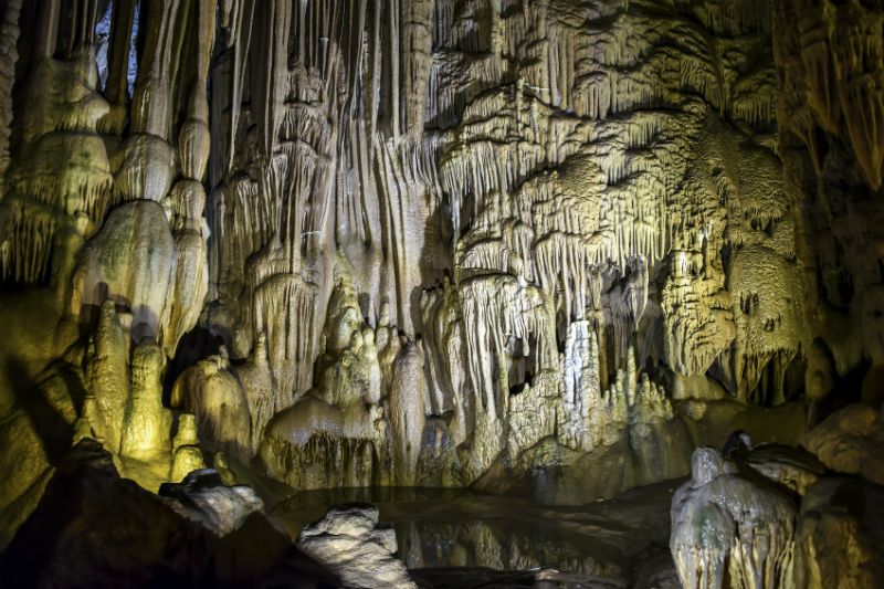 Stalctites and stalagmites at the Petralona cave in Halkidiki, Greece