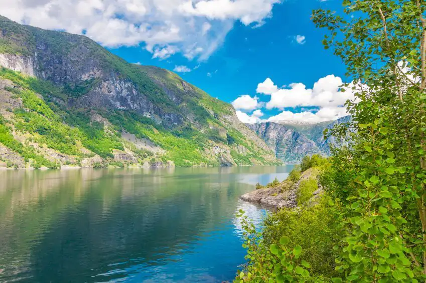 View to Aurlandsfjord along river in Sogneford, Norway