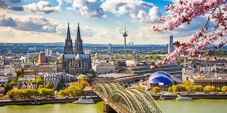 A skyline view of the German city Cologne during spring.