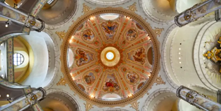 Beautiful ceiling view of artwork at the top of the Dome of Dresden Frauenkirche (Church of Our Lady, in Dresden. 