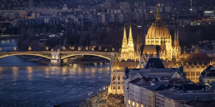 Night view of the illuminated Hungarian Parliament Building