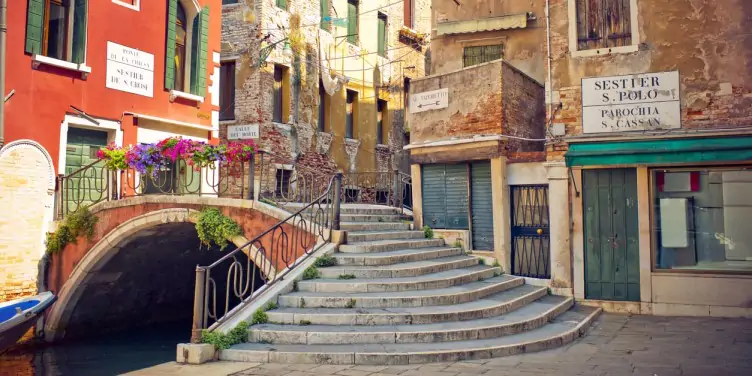 View to a street and bridge in Venice, Italy