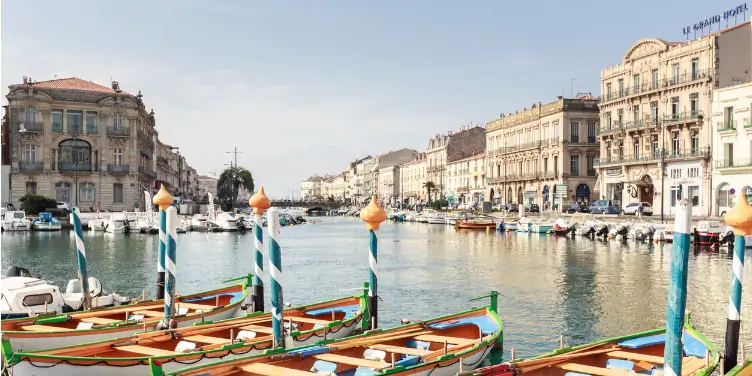 Colourful boats moored in harbour in Sète, South of France