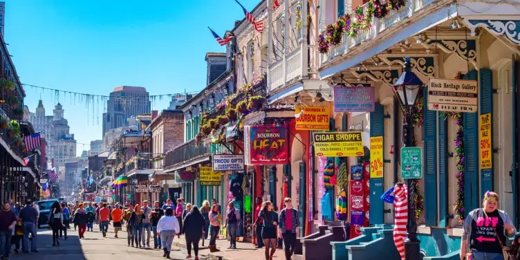 Bourbon Street in the french quarter of New Orleans during the Mardi Gras festival