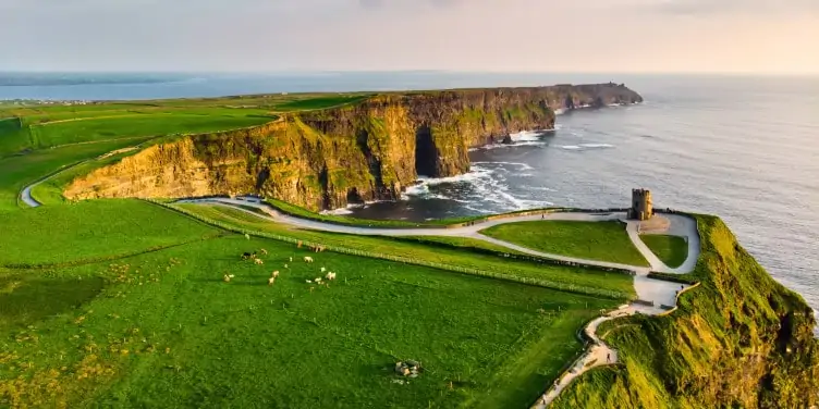 Aerial view of Cliffs of Moher on Wild Atlantic Way in County Clare