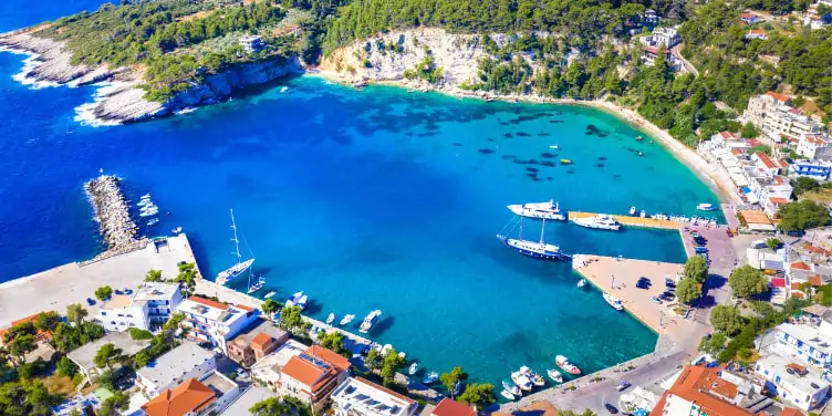 Aerial view of the Patitiri harbor on Alonnisos island, Greece.