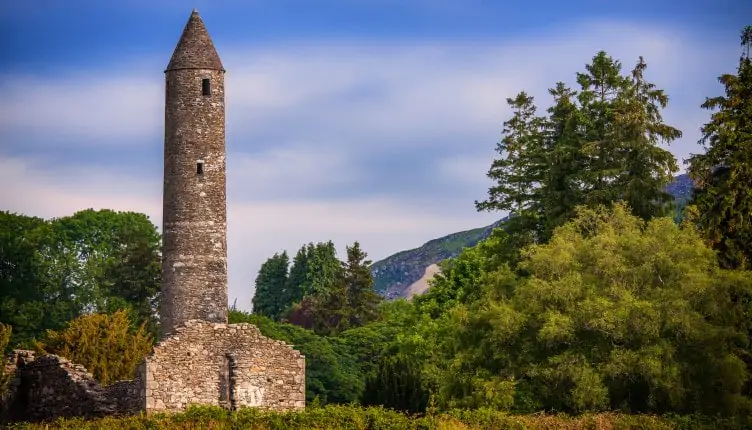 The old round tower in Glendalough (County Wicklow, Ireland).