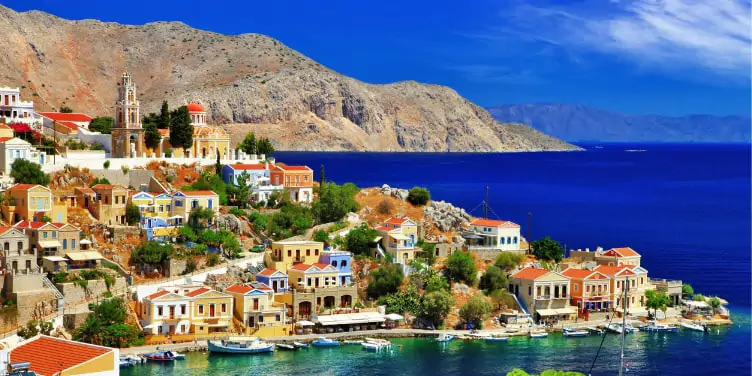View of the harbour on Symi island.