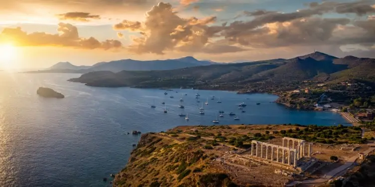 Panoramic view of the Temple of Poseidon on the edge of Attica, Greece