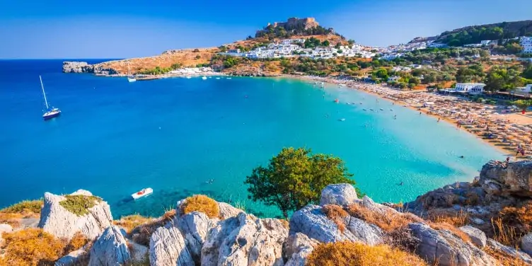 Beach town of Lindos on the Greek island Rhodes
