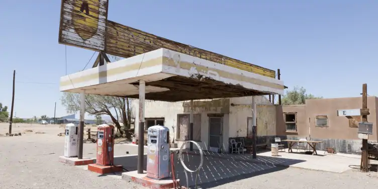 Abandoned gas station in the desert along a stretch of the historic Route 66