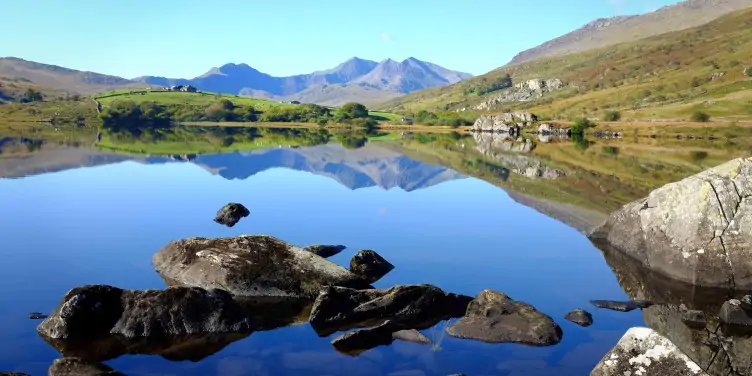 View across Llynau Mymbyr Lake to Snowdon