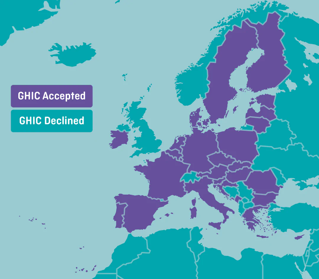 Map of countries that accept and do not accept the GHIC card.