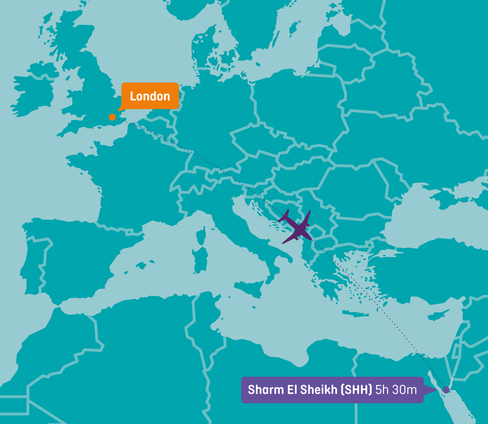  Staysure branded map with an icon of an aeroplane flying from London to Sharm El Sheikh. 