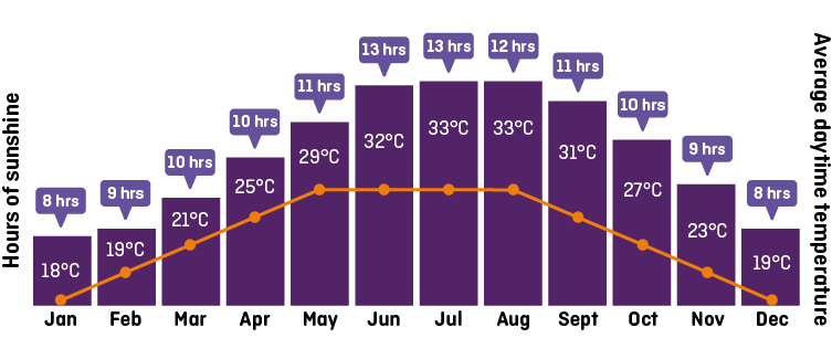 Staysure branded graph highlighting the weather in Sharm El Sheikh, showing the monthly average temperature and hours of sunshine. 