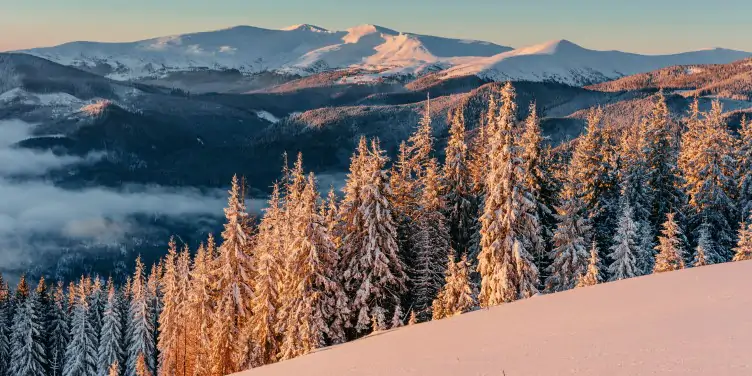  A view from the top of the snow covered mountains of Åre in Sweden, a ski resort area in Europe.