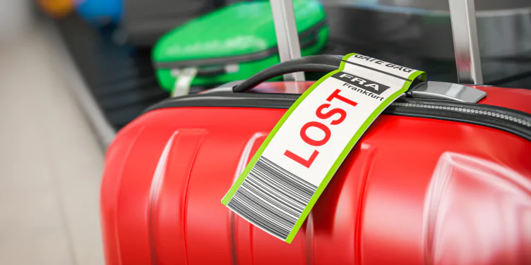 Suitcase with lost sticker on an airport baggage conveyor 